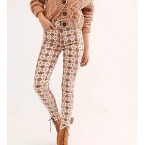 Free People Wild Child Jeans High Rise Boho Festival Aztec Printed Ivory Sz 27